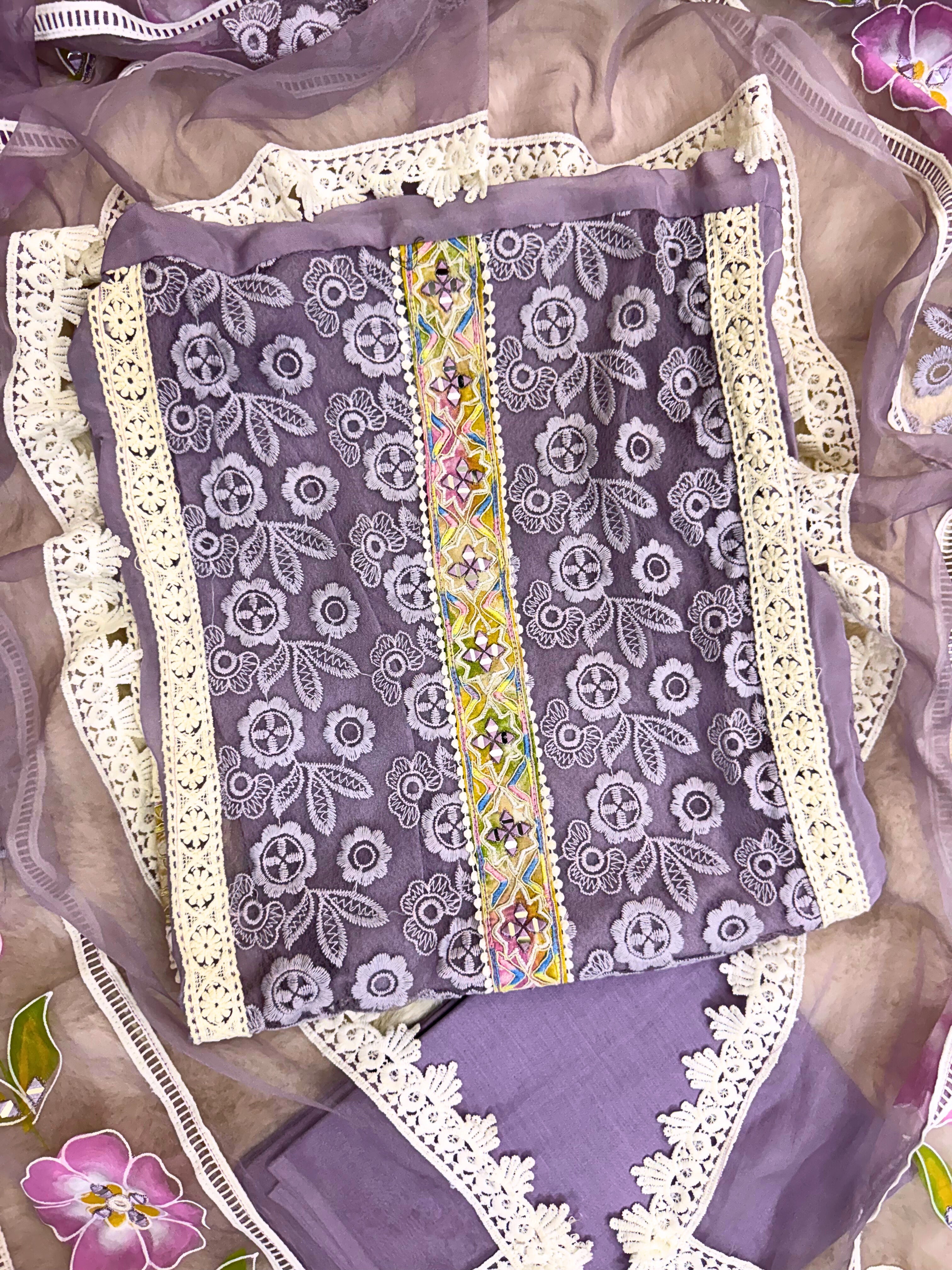 Lavender Garden: Lace Embroidered Suit with Hand-Painted Dupatta